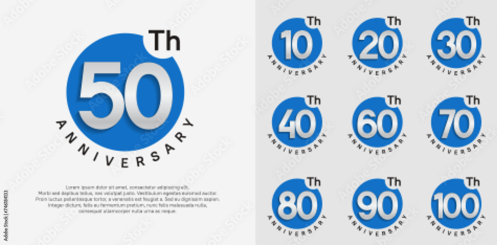 anniversary logotype vector set with blue color circle and silver number can be use for celebration moment