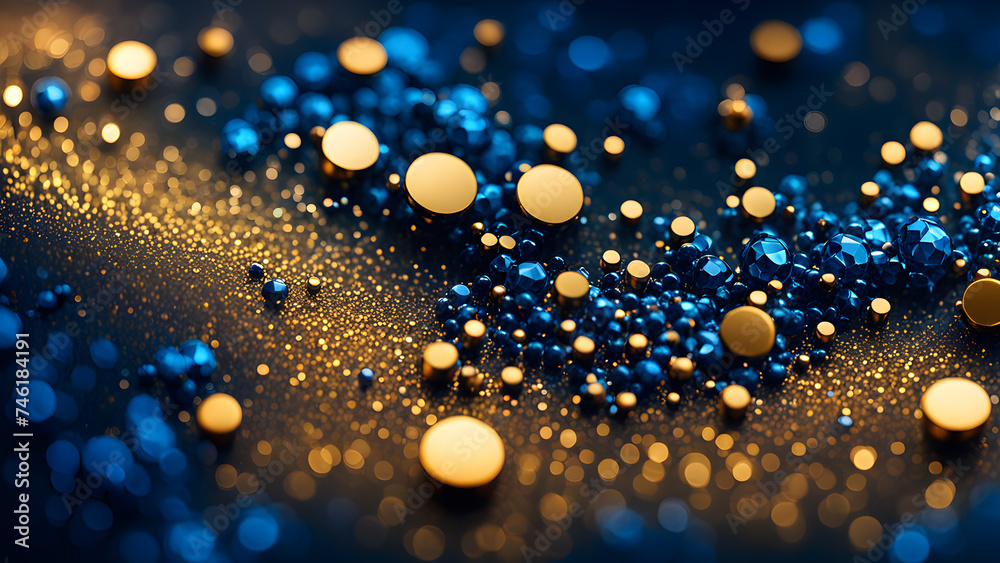 Luxurious abstract background composed of blue and gold, water drops and sphere shapes
