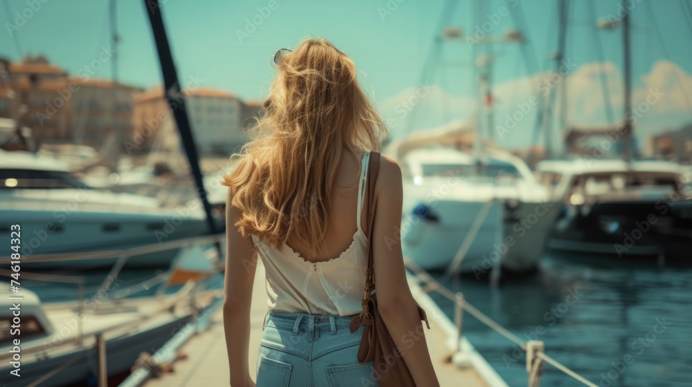 woman stand in yacht club with blurred yachts in the background. Back view woman stand in yacht club with blurred yachts in the background. Back view