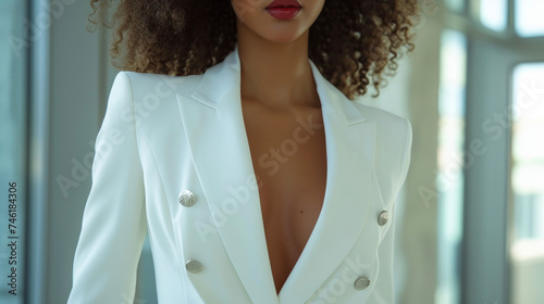 A chic white blazer dress with a plunging neckline and metallic button accents exudes iness and confidence perfect for a night out in a sleek and modern city.
