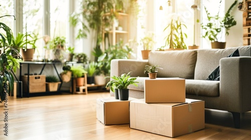  moving boxes in modern living room. Lots of bright light filling area and plants. Light beech floors  © Margo_Alexa