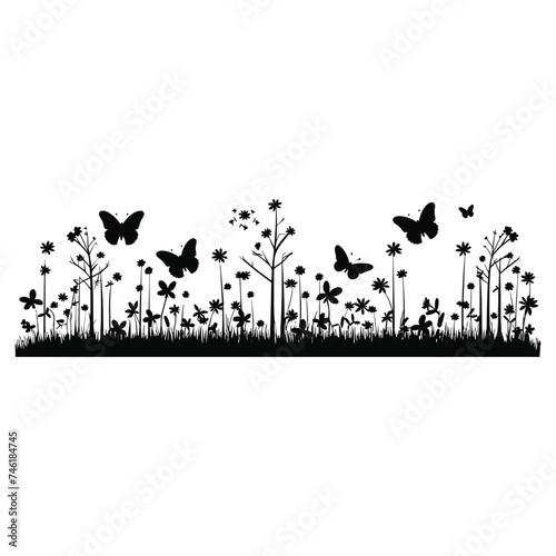 A set of silhouettes of a graceful tree blooming flowers with birds.  © Rokeyadesigner