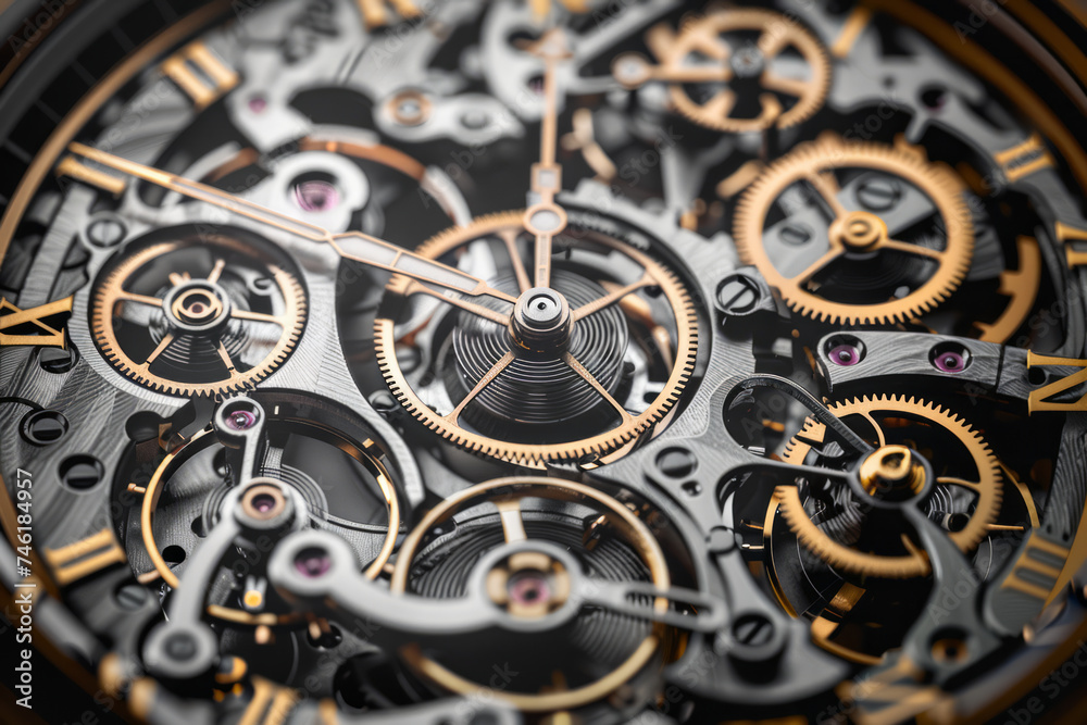 A combination of precision gears and gears that drive a clock. Precision industrial production concept.