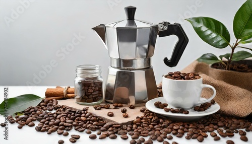 coffee grinder and beans, Coffee Setup with Beans, Cup, and Moka Pot on white background, space for text or design products