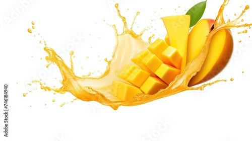 mango slices with splash of mango juice isolated on transparent background photo