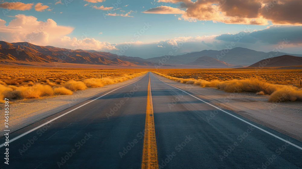 Mountainous Road Leading to the Sky under a Sunset Horizon, Highway Amidst Rural Nature, Summer Journey in Empty Fields with Clouds and Mountains in the Background