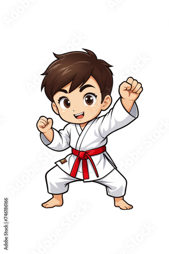 Cartoon little boy practicing karate