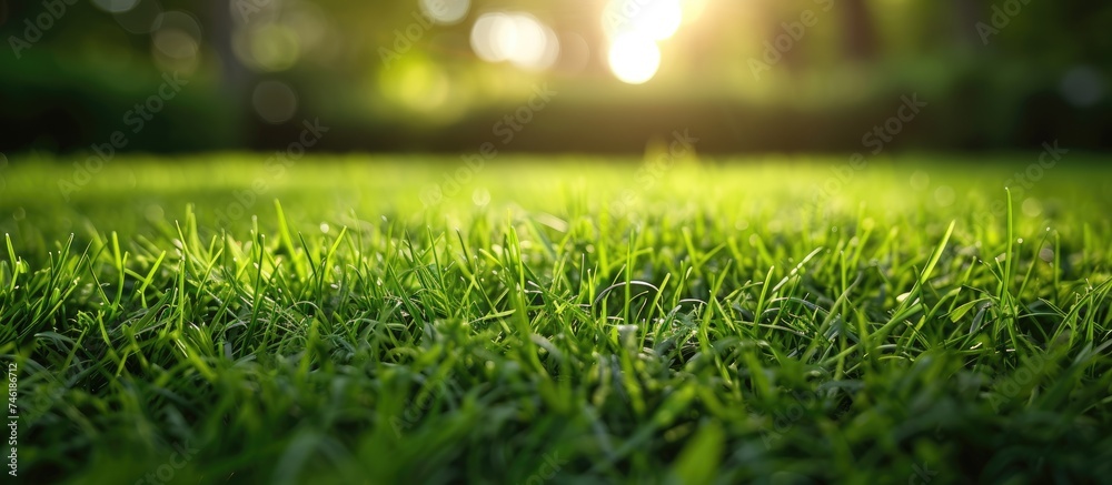 In this photo, the sun casts its warm glow through a canopy of trees, illuminating the green grass below.