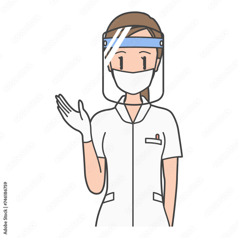 フェイスシールド・マスクをして、診察室に案内する女医・歯科衛生士・介護士のイラスト。女性。