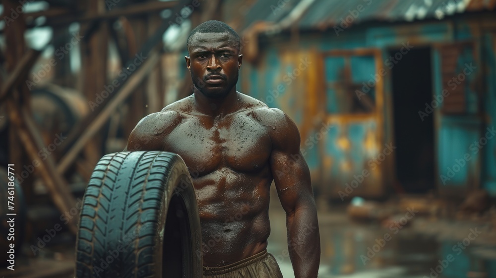 african american muscular man flipping big tire