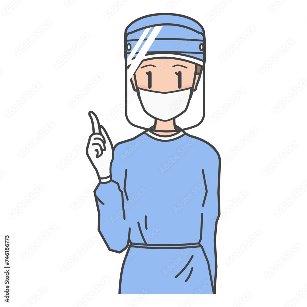 感染症対策・フェイスシールド・マスク・医療ガウンを着用し、手術や処置の説明をする医師・女医・歯科医師のイラスト。女性。
