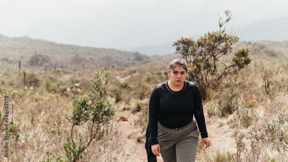 Naklejka premium A focused hiker navigates the challenging trails of the Colombian Paramo, embodying the spirit of adventure amidst the unique Andean landscape