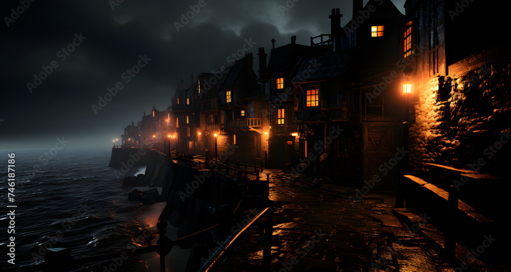 houses and lights on the dark waterfront line - obrazy, fototapety, plakaty 