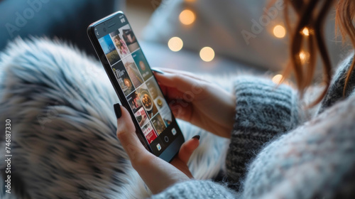 A womans hand scrolling through social media feeds on her phone seeing adver for Cyber Monday sales and tempting discounts.