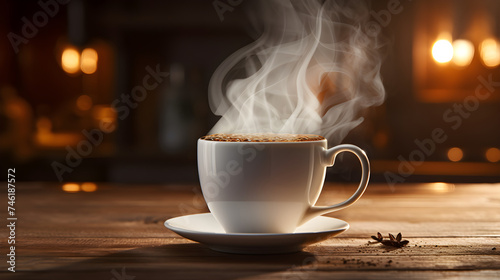 Morning Delight: A Steaming Cup of Freshly Brewed Hot Coffee on a Dark Wooden Table