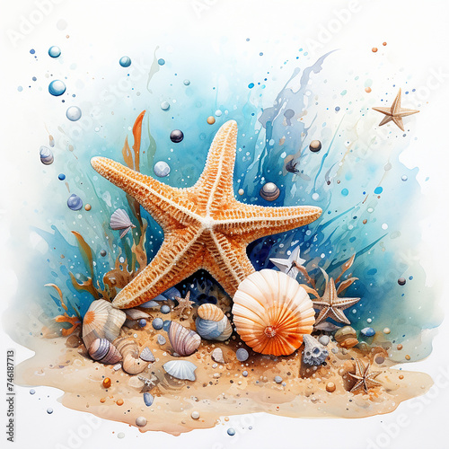 starfish, sea life, ocean, watercolor painting, wall art, poster, illustration