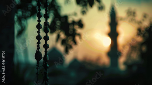 Twilight Devotion: Silhouetted Mosque and Prayer Beads