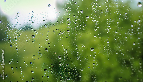 Picture of water drops on window with blur green forest background