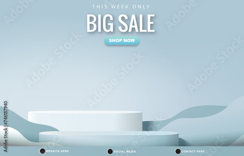 big sale discount tempate banner with blank space 3d podium for product sale with abstract gradient blue and white background design