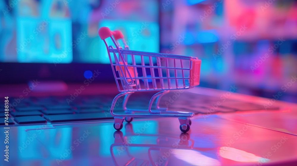 Digital Retail Miniature Shopping Cart Before Laptop Screen
