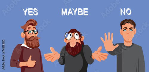 Men Responding Yes No and Maybe Vector Communication Illustration. People having different opinions still being friends 
