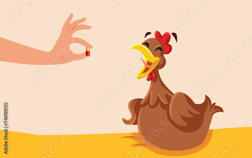 Veterinarian Giving Pill Treatment to a Chicken Vector Cartoon Character. Vet medicating domestic birds to prevent diseases 
