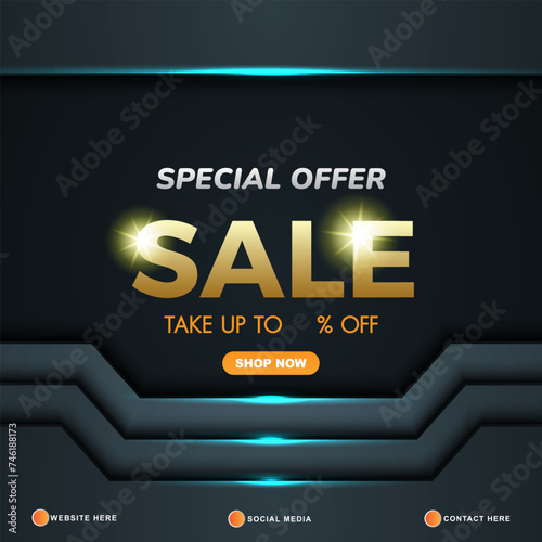 special offer sale template banner with copy space for product sale with abstract gradient dark blue background design