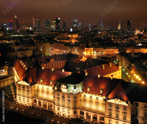 Aerial view of the royal castle in the old town at night, Warsaw, Poland
