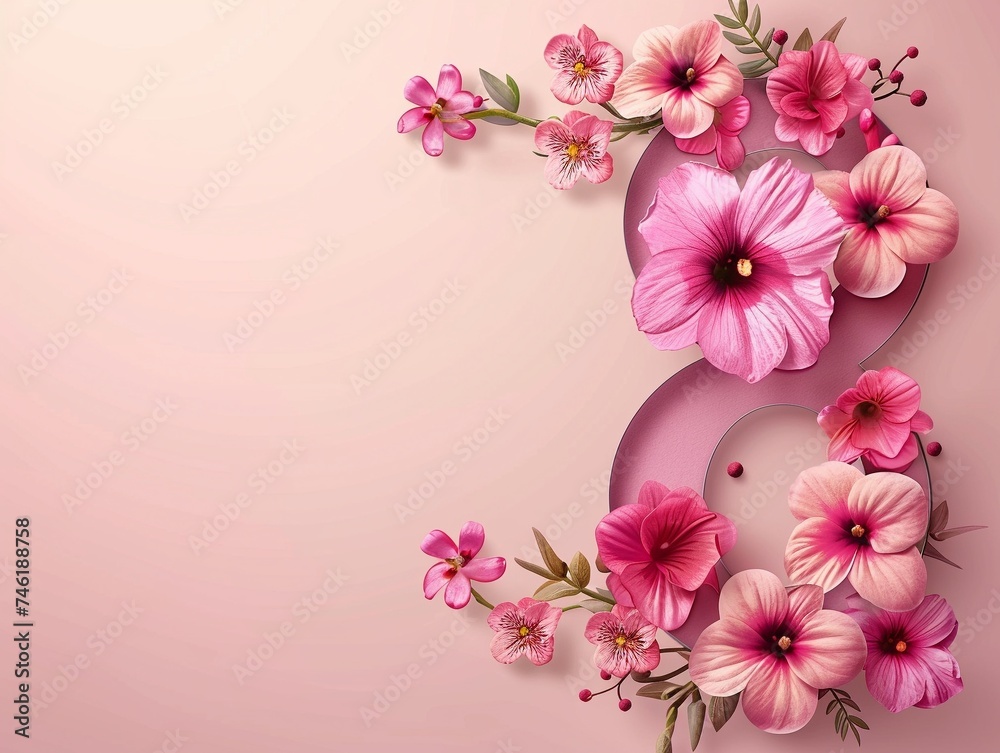 Illustration of number 8 and floral decoration for background