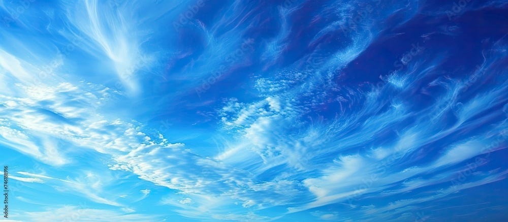 This photo captures a vibrant blue sky filled with numerous white clouds, creating a striking and detailed scene.