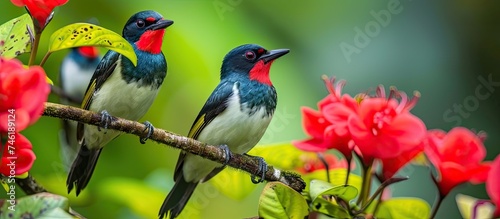The image captures two vibrant Scarlet Breasted Flowerpecker birds perched on a branch surrounded by striking red flowers. The birds stand out with their scarlet hues against the colorful backdrop. photo
