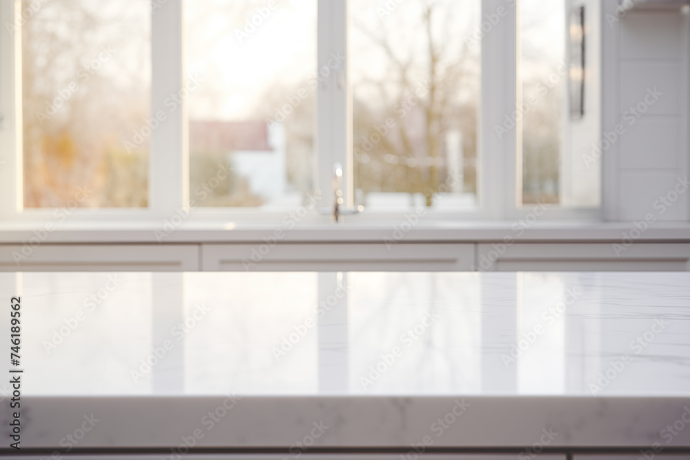 Blank White Marble Counter top in the Kitchen with open windows in the background Blank White Marble Counter top in the Kitchen with open windows in the background