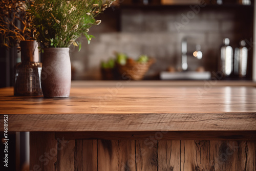 Wooden kitchen table with flowers in the corner