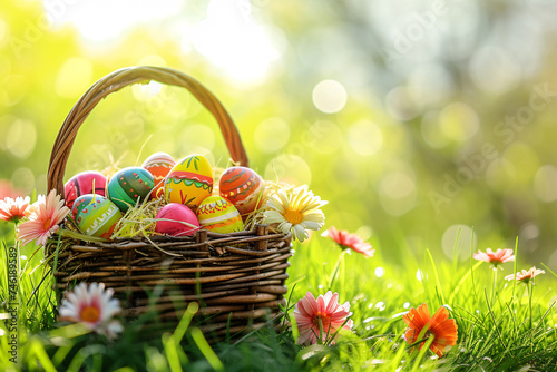 A basket full of brightly painted Easter eggs nestled in grass with fresh spring flowers basking in warm sunlight.