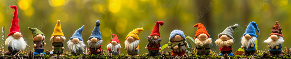 A whimsical lineup of colorful felt garden gnomes on a mossy forest floor, backlit by soft, golden light.