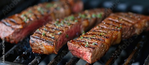 A close-up view of a perfectly cooked NY strip steak sizzling on a hot grill, showcasing the mouthwatering flavors and textures. photo