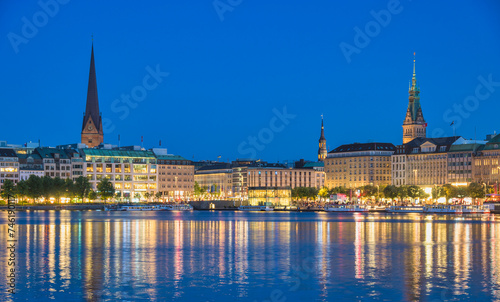 Hamburg Germany, night panorama city skyline at Alster Lake with Fountain