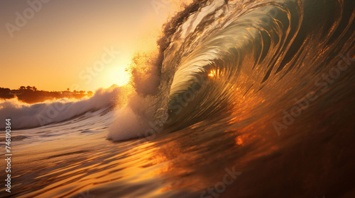 Huge curly transparent wave against sunset at golden hour 