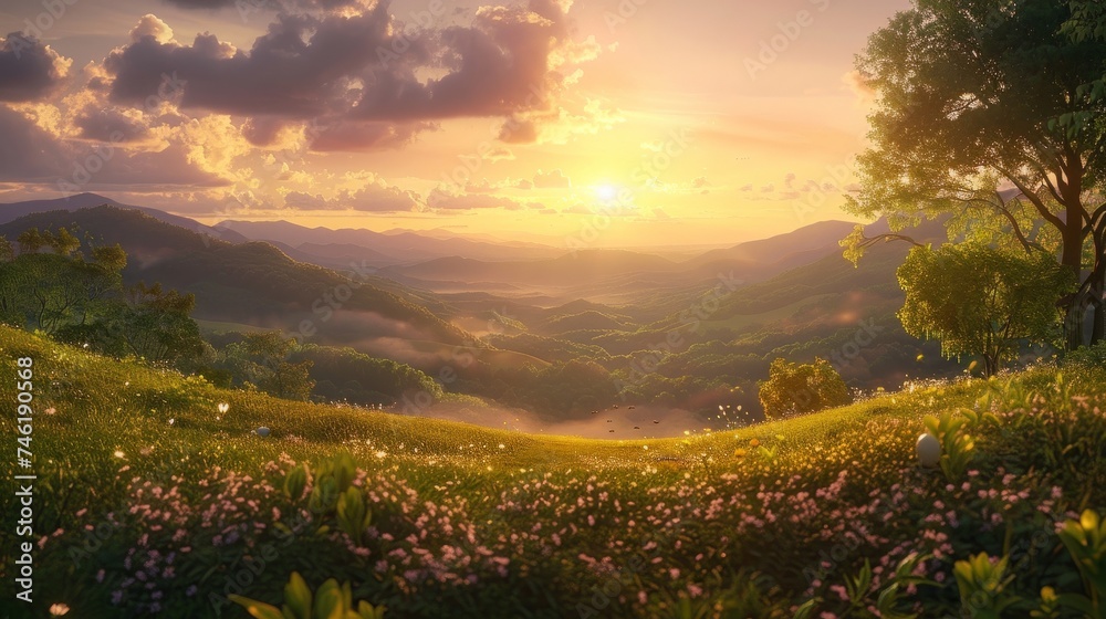 A breathtaking sunset view over a blossoming mountain meadow, with the last rays of sunlight casting a warm glow on the rolling hills and flowering plants.