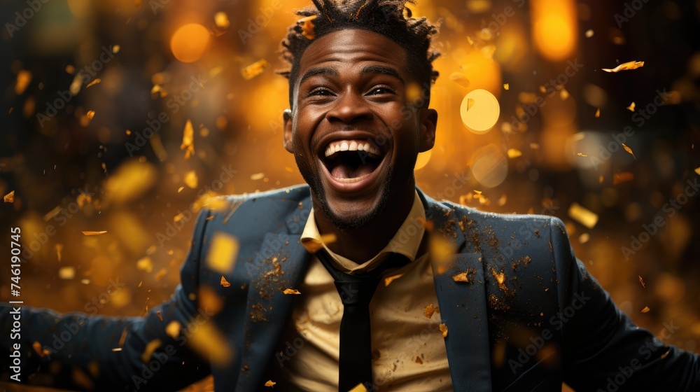 happy black businessman amidst celebratory moment with hands raising up. happy black businessman amidst celebratory moment with hands raising up.