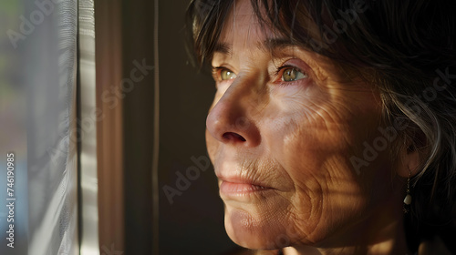 Momento de Reflexão Mulher Contemplativa Observando a Janela Sob a Luz Suave do Sol