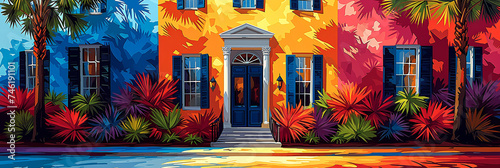 Illustration - painting - coastal home - bright - colorfiul - street - spring flowers - beach - inspired by the sights of Charleston South Carolina - banner - header - landscape  photo