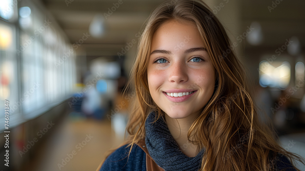 Smiling and confident female office associate - close-up shot - open office - profile shot - open office - bright space  - obrazy, fototapety, plakaty 