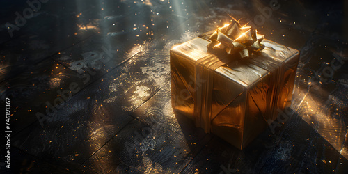 goldish golden decorated giftbox on colorful vivid dark backdrop  abstract 3D rendering. photo
