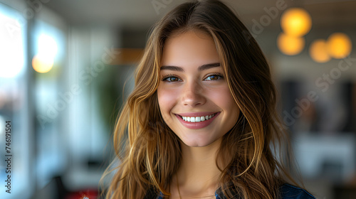 Smiling and confident female office associate - close-up shot - open office - profile shot - open office - bright space 