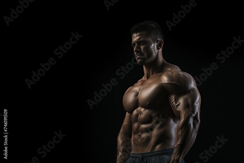 Muscular Bodybuilder Showcasing Impressive Physique in Dramatic Lighting, Strong Arms and Toned Muscles on Dark Background, Confident Fitness Model Showing Sculpted Physique. © katrin888