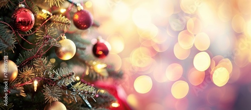 A close-up view of a festively decorated Christmas tree illuminated by twinkling lights  standing out against a blurred background.