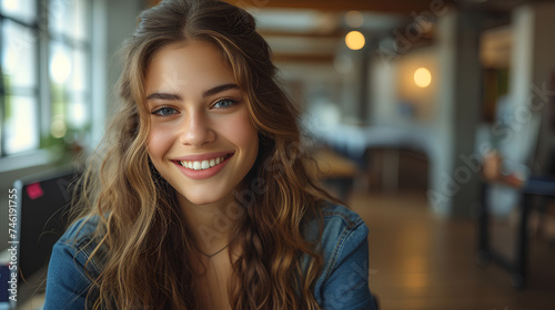 Wallpaper Mural Smiling and confident female office associate - close-up shot - open office - profile shot - open office - bright space  Torontodigital.ca