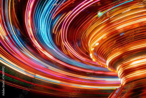 Fairground Rides: Design scenes of colorful fairground rides in motion, with a long exposure to capture the lights and movement, creating a sense of excitement and festivity. photo
