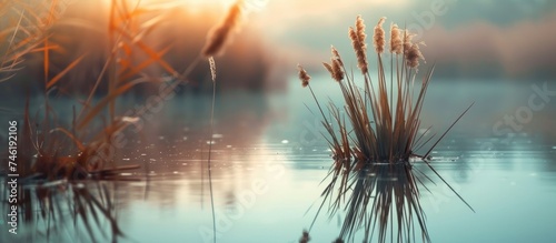 A body of water with tall reeds in the foreground, their thin stalks and fluffy heads casting reflections on the waters surface. photo